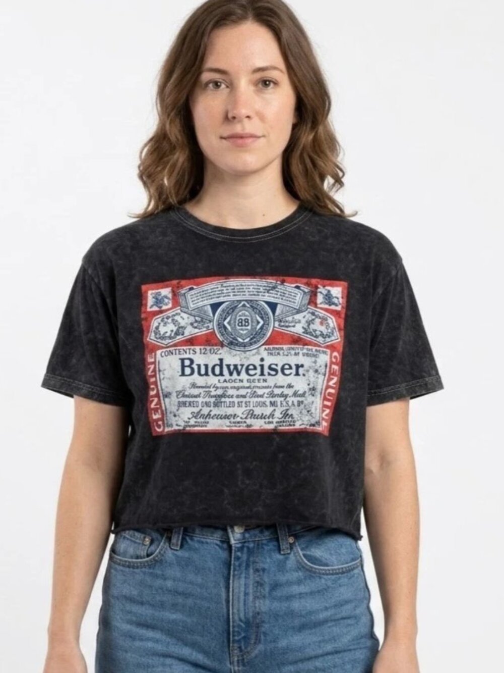 Budweiser Classic Label Graphic Womens Black Mineral Wash Crop Shirt New Large